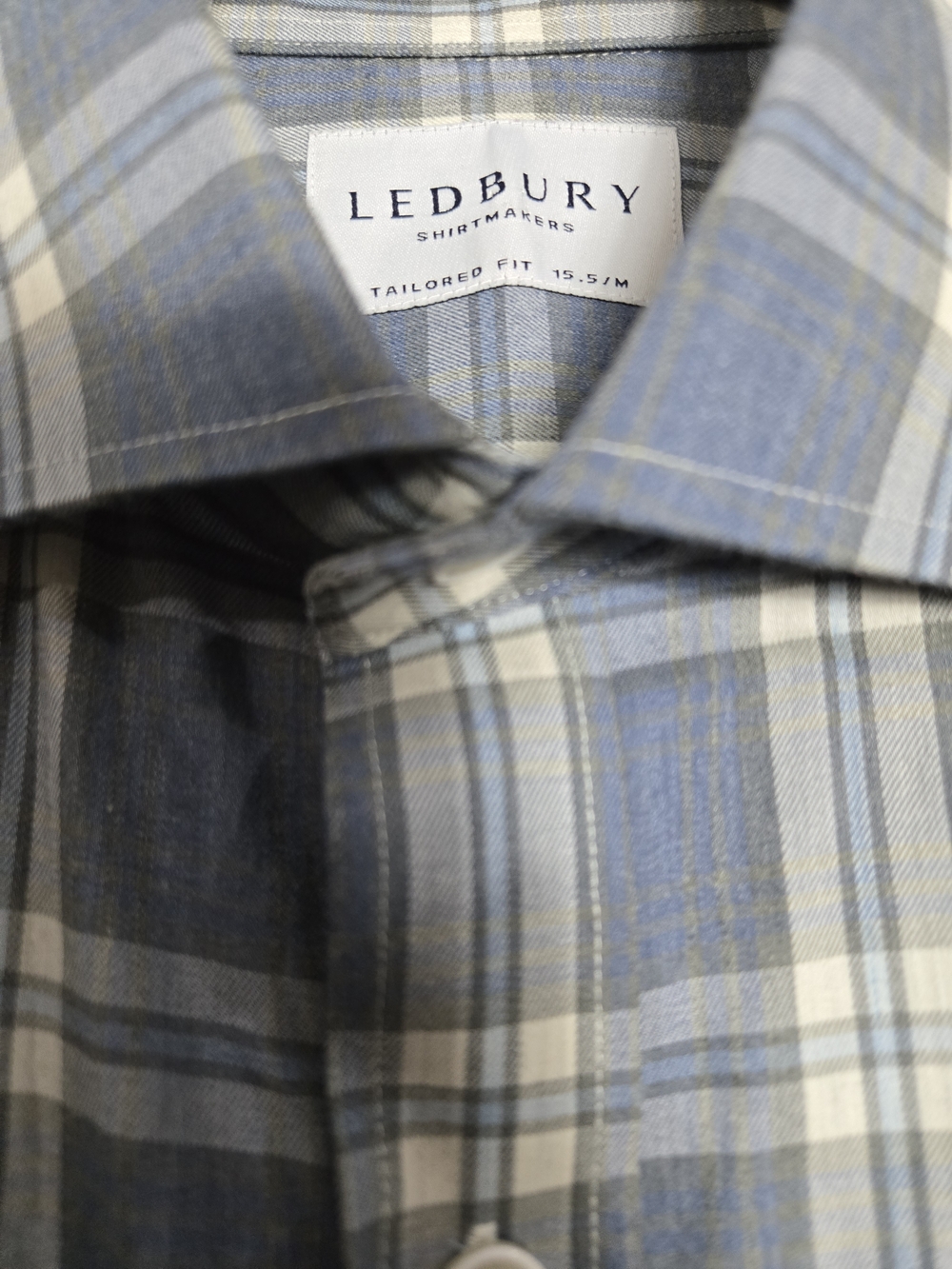 Ledbury Osmond Blue Plaid Button Down Shirt Spread Collar Cotton 15.5 Medium - Picture 8 of 10